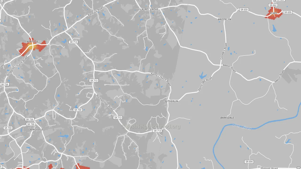 Walk Grade map of Sutherlin, VA, walkable areas in green and car-dependent areas in red