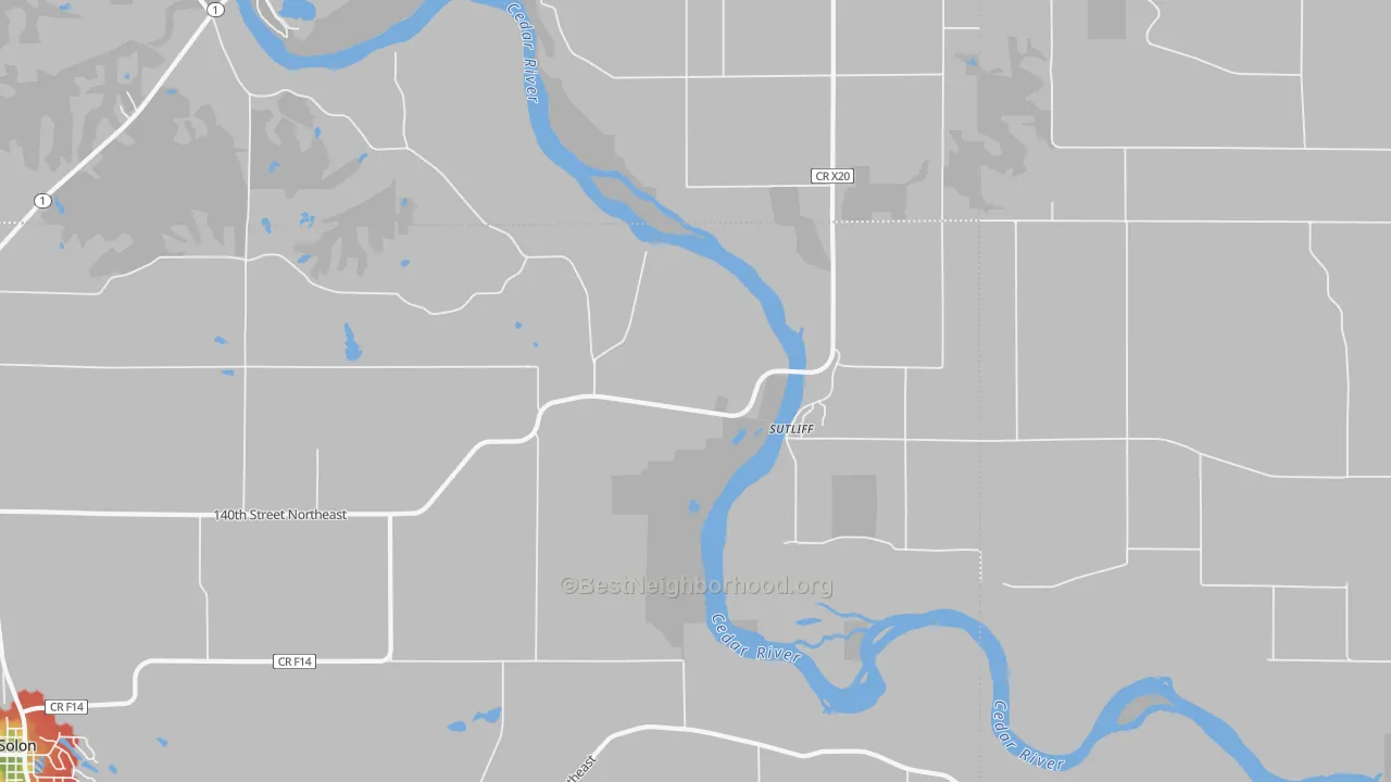 Walk Grade map of Sutliff, IA, walkable areas in green and car-dependent areas in red