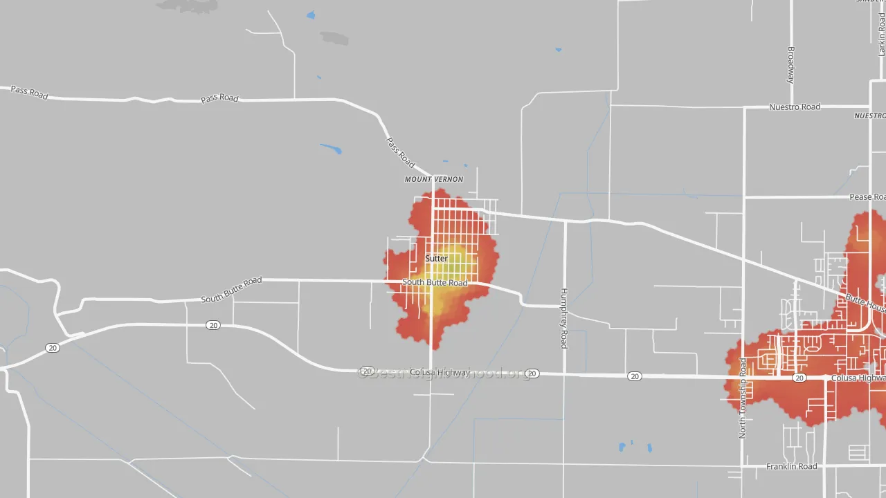 Walk Grade map of Sutter, CA, walkable areas in green and car-dependent areas in red