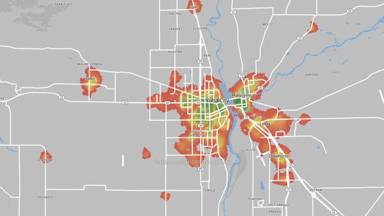 Walk Grade map of Sutter County, CA, walkable areas in green and car-dependent areas in red