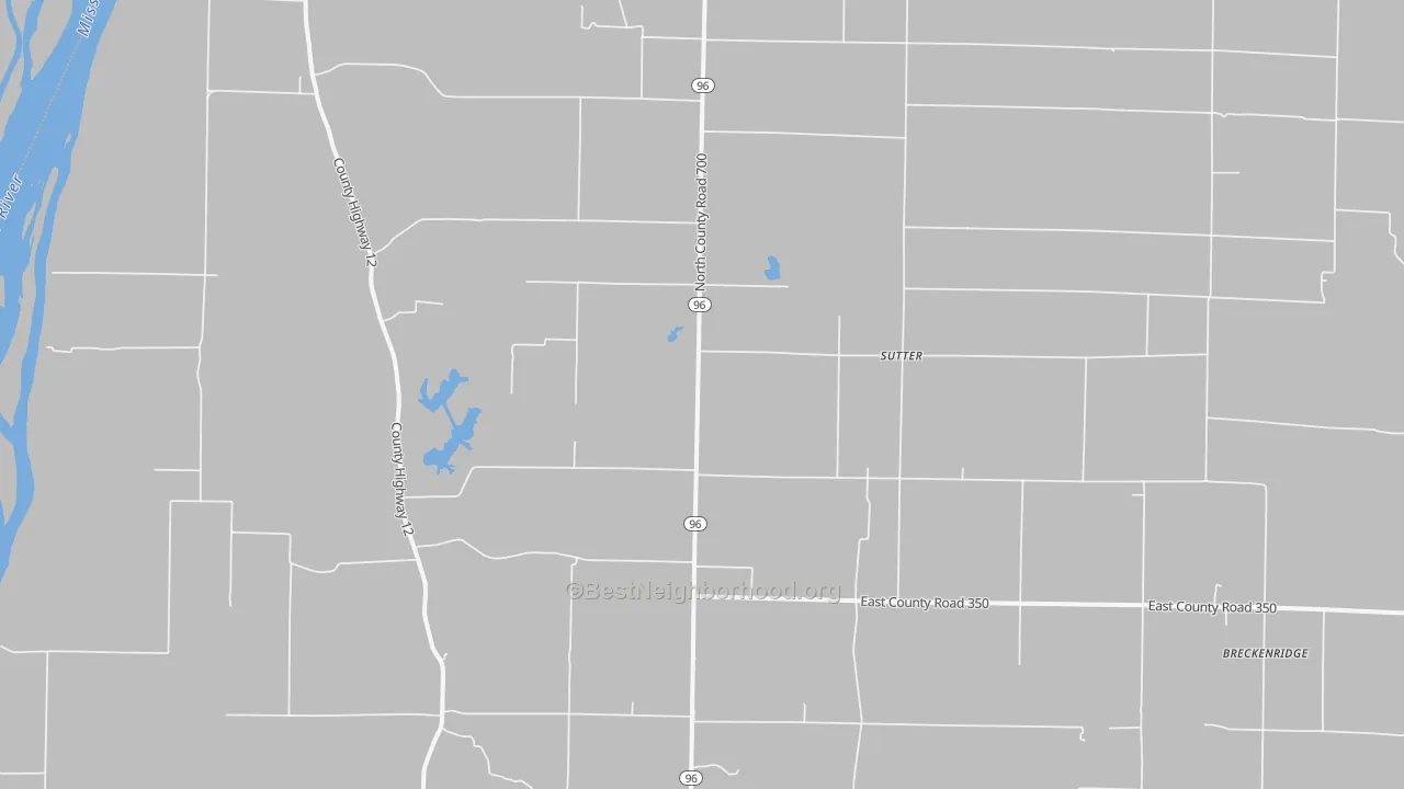 Walk Grade map of Sutter, IL, walkable areas in green and car-dependent areas in red