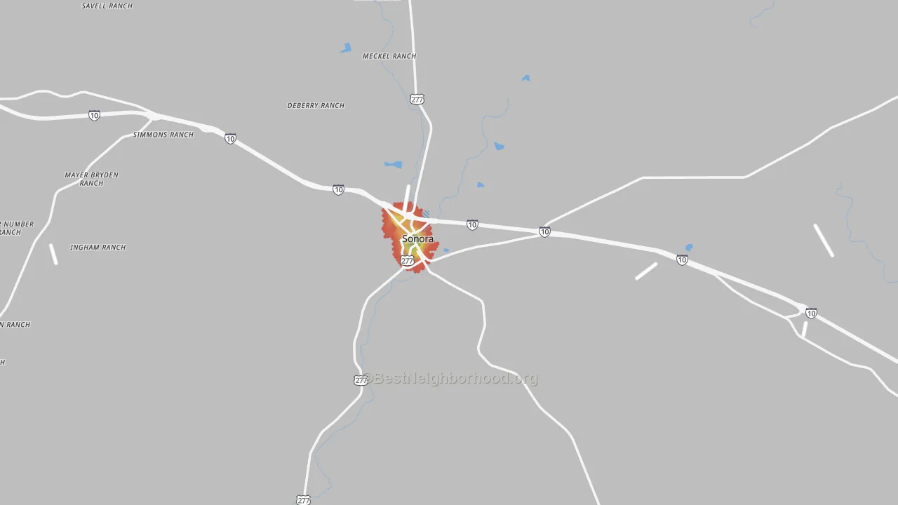 Walk Grade map of Sutton County, TX, walkable areas in green and car-dependent areas in red