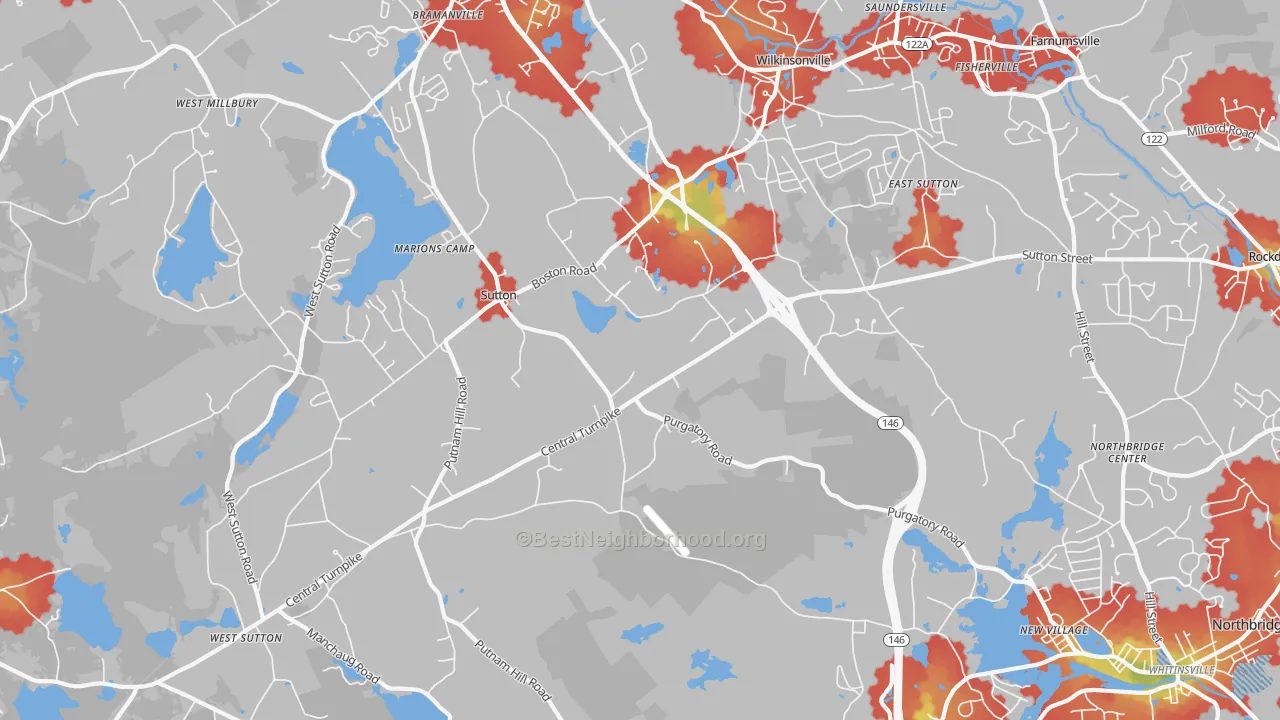 Walk Grade map of Sutton, MA, walkable areas in green and car-dependent areas in red