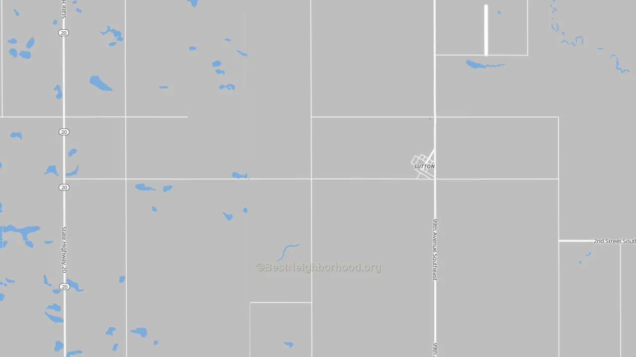 Walk Grade map of Sutton, ND, walkable areas in green and car-dependent areas in red