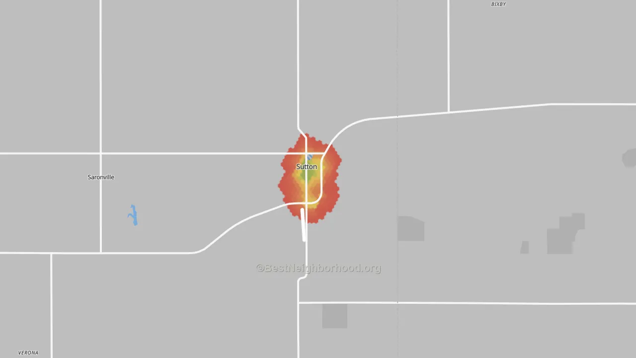 Walk Grade map of Sutton, NE, walkable areas in green and car-dependent areas in red
