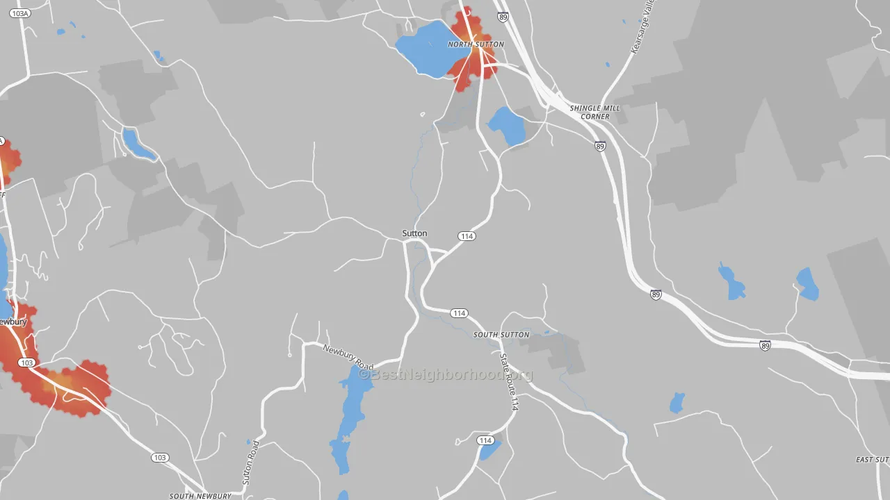 Walk Grade map of Sutton, NH, walkable areas in green and car-dependent areas in red