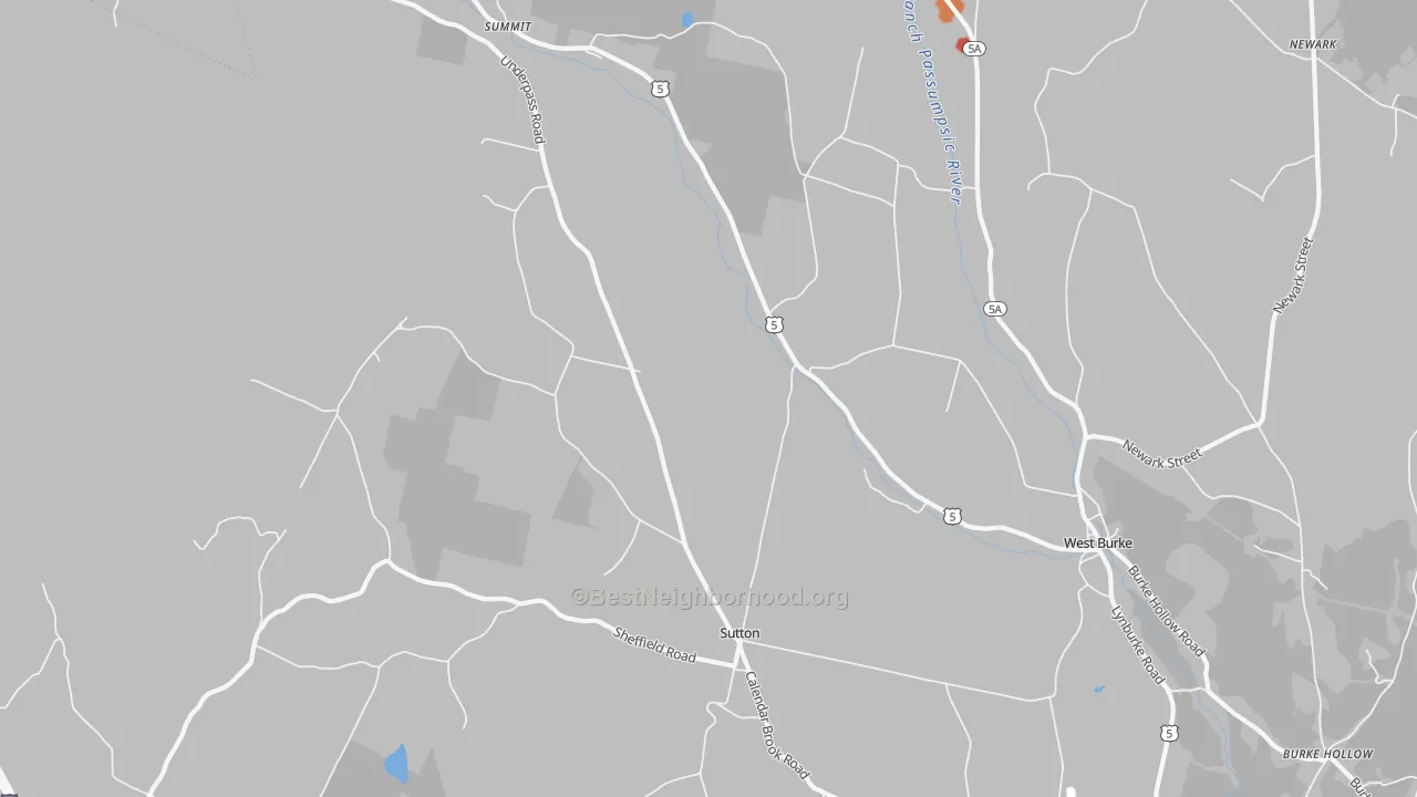 Walk Grade map of Sutton, VT, walkable areas in green and car-dependent areas in red