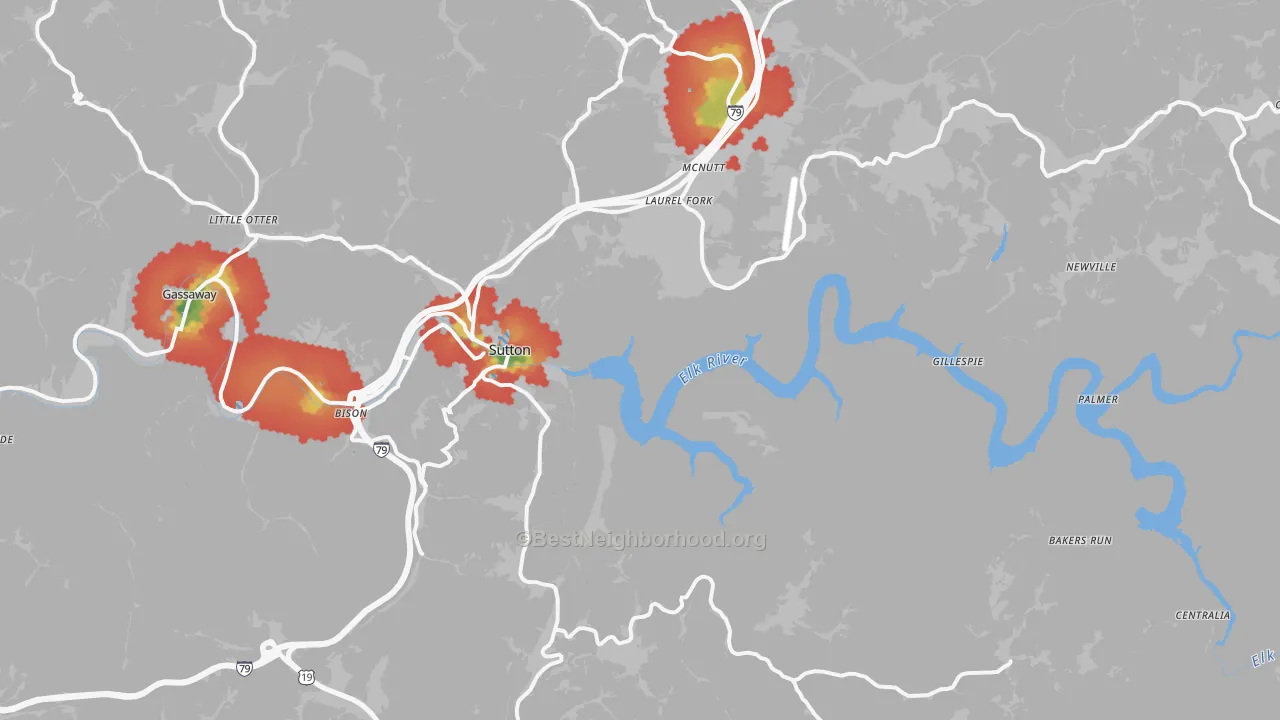 Walk Grade map of Sutton, WV, walkable areas in green and car-dependent areas in red