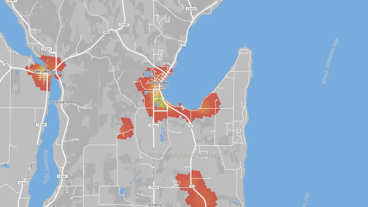 Walk Grade map of Suttons Bay, MI, walkable areas in green and car-dependent areas in red