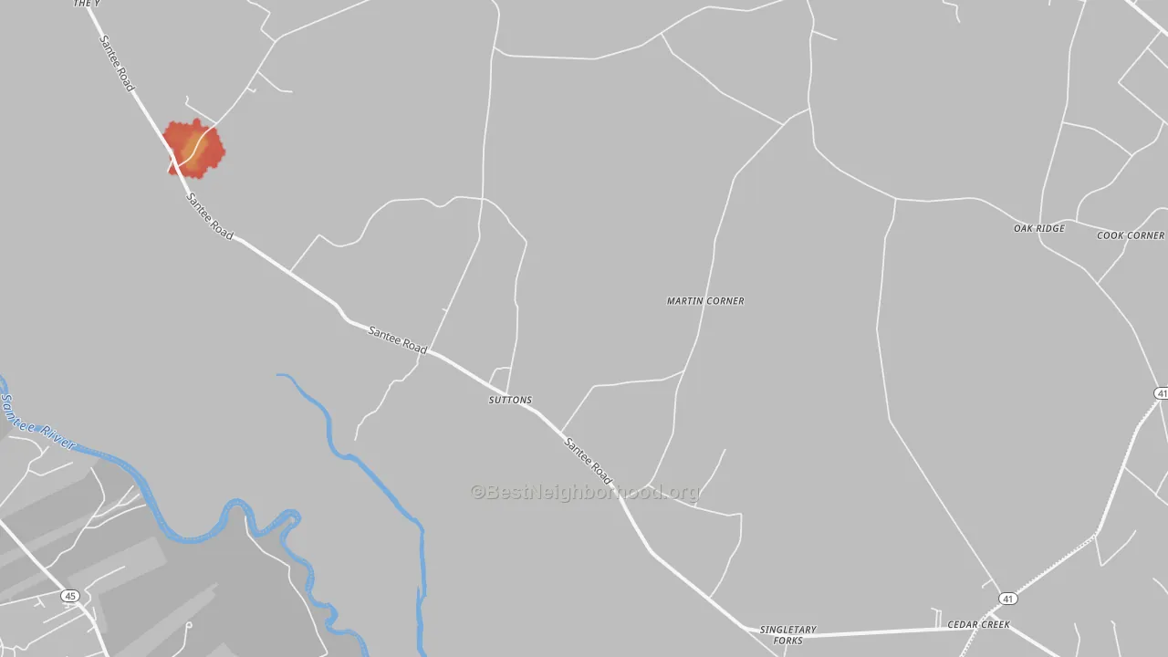 Walk Grade map of Suttons, SC, walkable areas in green and car-dependent areas in red