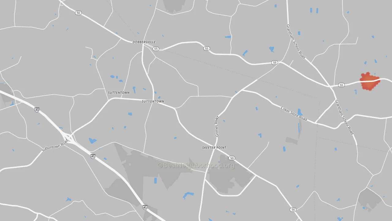 Walk Grade map of Suttontown, NC, walkable areas in green and car-dependent areas in red
