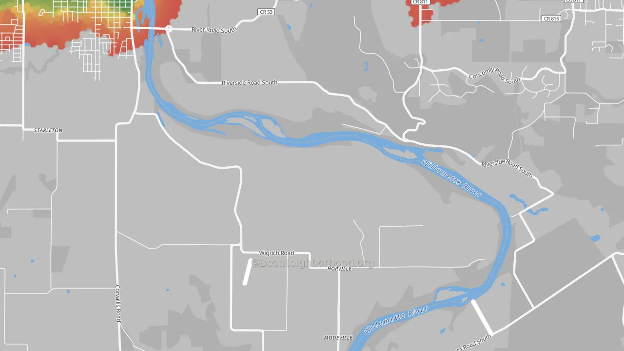 Walk Grade map of Suver, OR, walkable areas in green and car-dependent areas in red