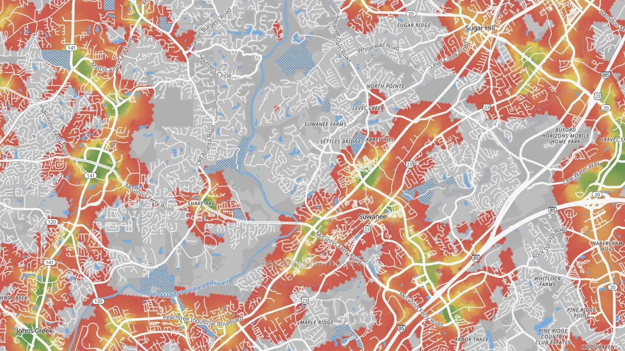 Walk Grade map of Suwanee, GA, walkable areas in green and car-dependent areas in red