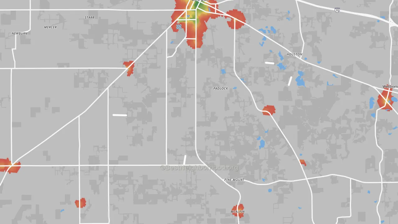 Walk Grade map of Suwannee County, FL, walkable areas in green and car-dependent areas in red