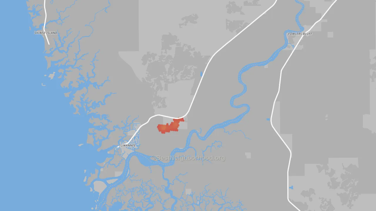 Walk Grade map of Suwannee, FL, walkable areas in green and car-dependent areas in red