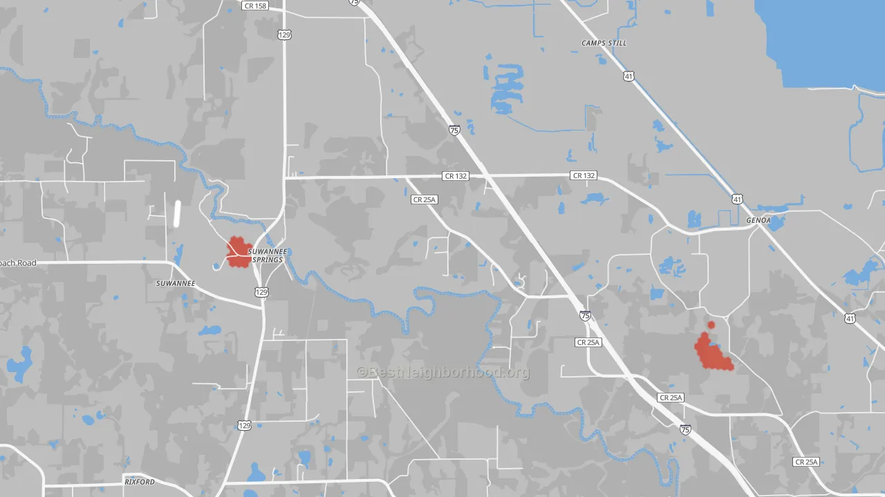 Walk Grade map of Suwannee Springs, FL, walkable areas in green and car-dependent areas in red