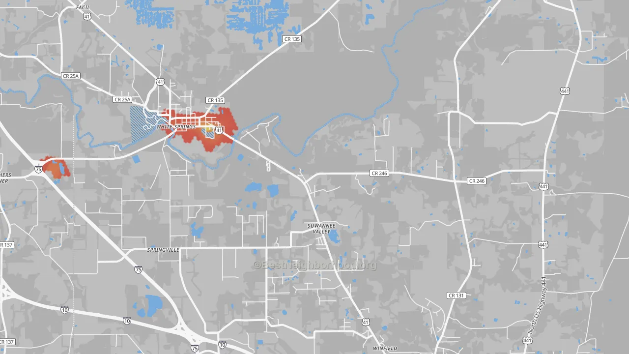 Walk Grade map of Suwannee Valley, FL, walkable areas in green and car-dependent areas in red