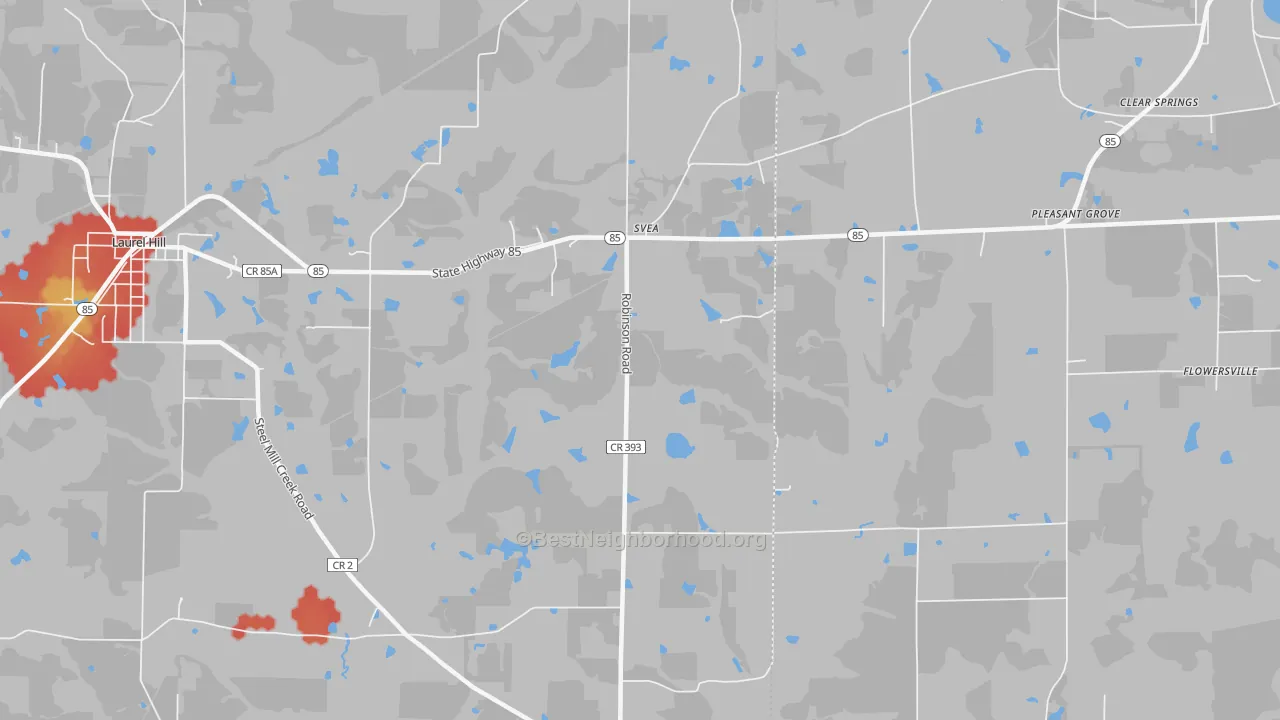 Walk Grade map of Svea, FL, walkable areas in green and car-dependent areas in red