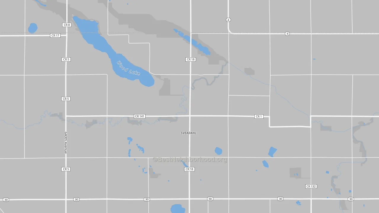 Walk Grade map of Sveadahl, MN, walkable areas in green and car-dependent areas in red