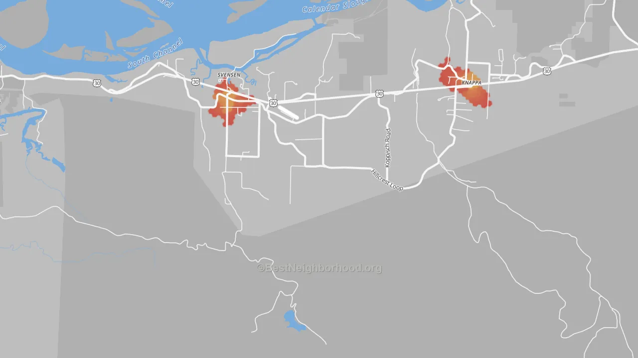 Walk Grade map of Svensen, OR, walkable areas in green and car-dependent areas in red