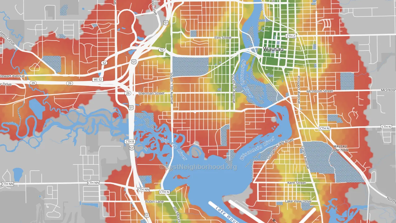 Walk Grade map of SW Jones, Wausau, WI, walkable areas in green and car-dependent areas in red