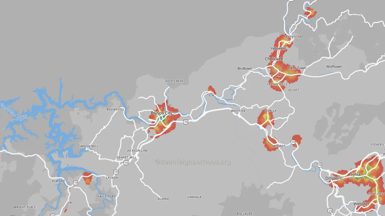 Walk Grade map of Swain County, NC, walkable areas in green and car-dependent areas in red