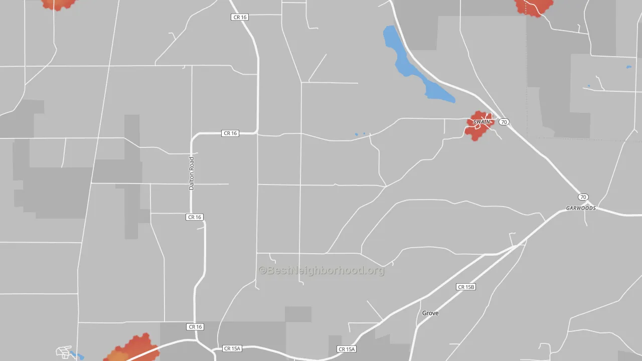 Walk Grade map of Swain, NY, walkable areas in green and car-dependent areas in red