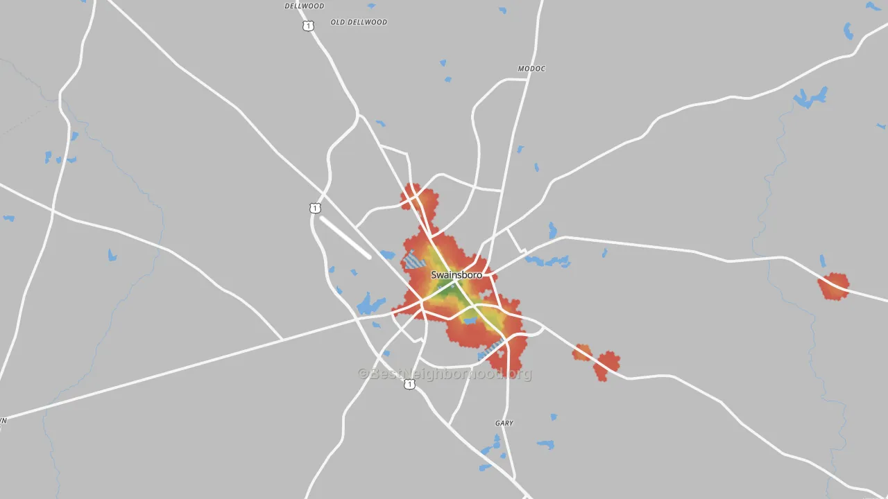 Walk Grade map of Swainsboro, GA, walkable areas in green and car-dependent areas in red