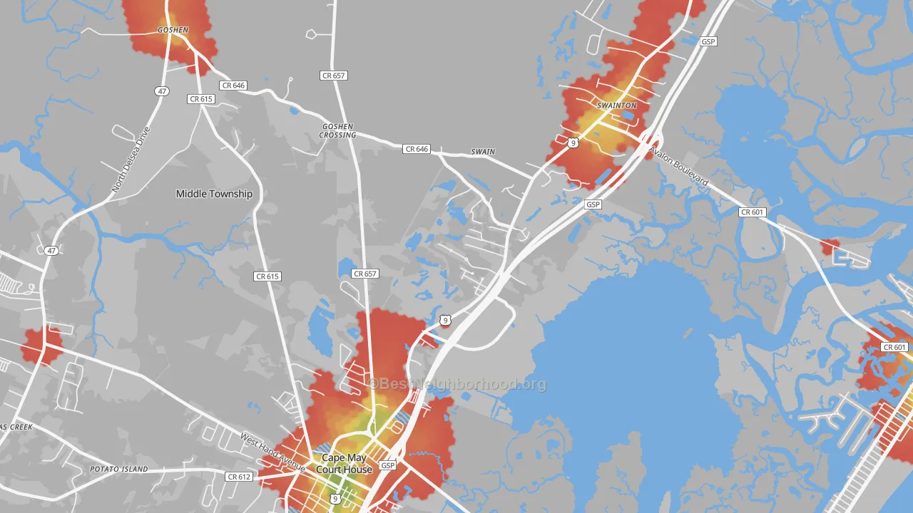 Walk Grade map of Swainton, NJ, walkable areas in green and car-dependent areas in red