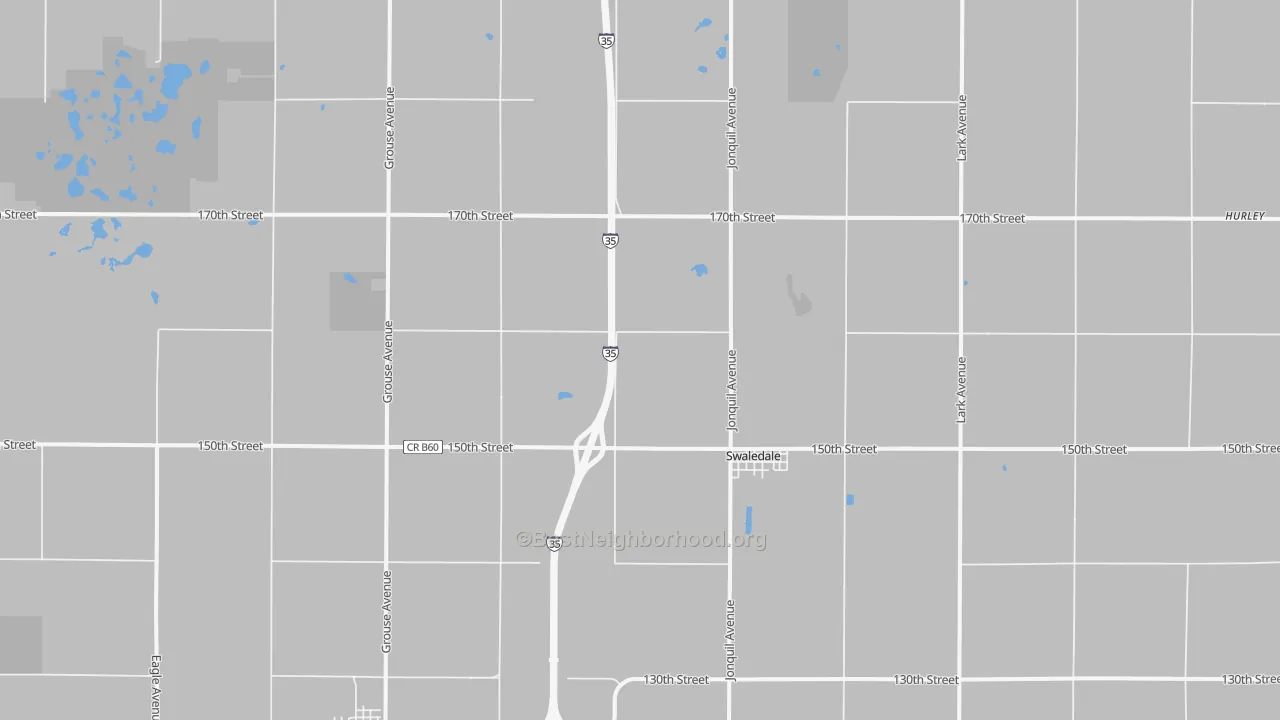 Walk Grade map of Swaledale, IA, walkable areas in green and car-dependent areas in red