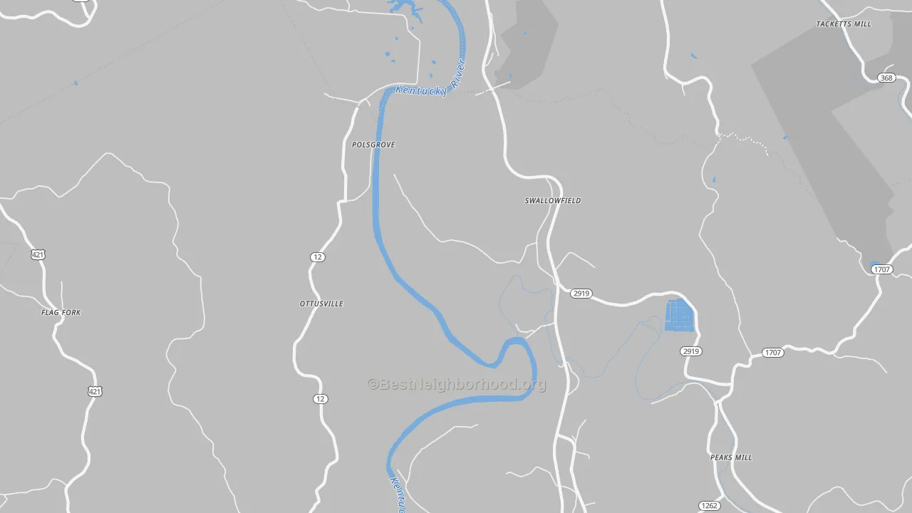 Walk Grade map of Swallowfield, KY, walkable areas in green and car-dependent areas in red
