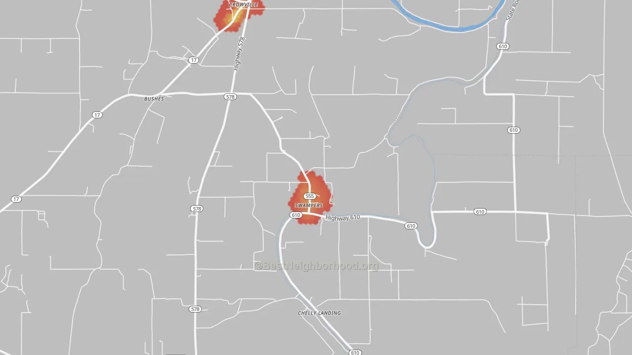 Walk Grade map of Swampers, LA, walkable areas in green and car-dependent areas in red