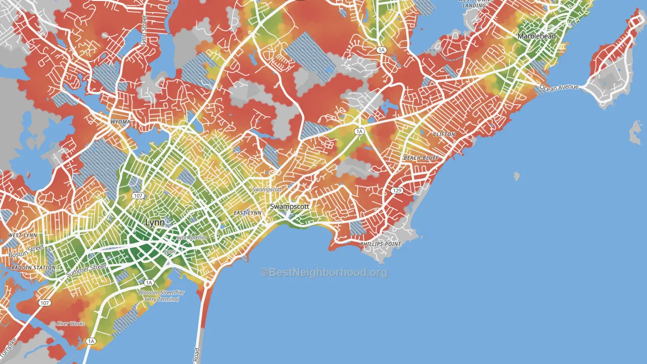 Walk Grade map of Swampscott, MA, walkable areas in green and car-dependent areas in red