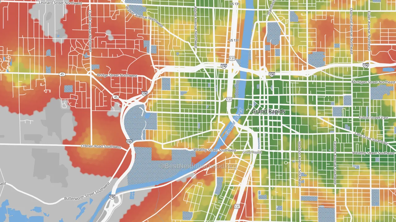 Walk Grade map of Swan, Grand Rapids, MI, walkable areas in green and car-dependent areas in red