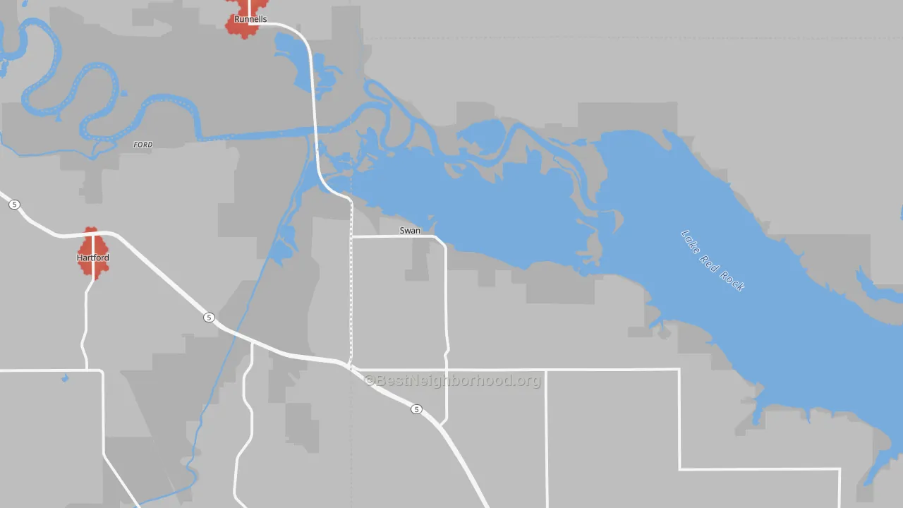 Walk Grade map of Swan, IA, walkable areas in green and car-dependent areas in red