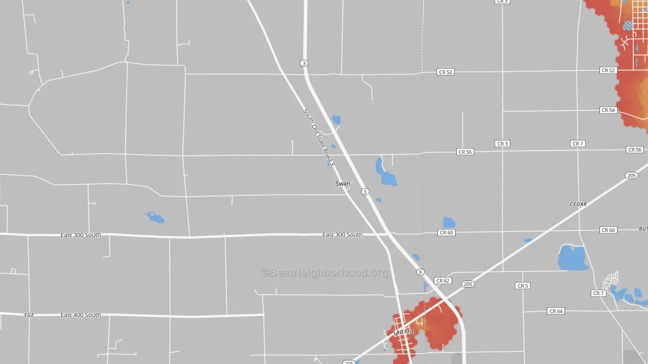 Walk Grade map of Swan, IN, walkable areas in green and car-dependent areas in red
