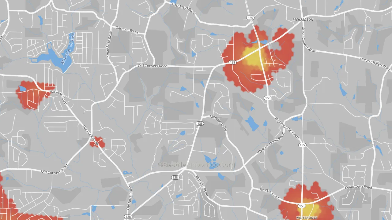 Walk Grade map of Swan Lake, GA, walkable areas in green and car-dependent areas in red