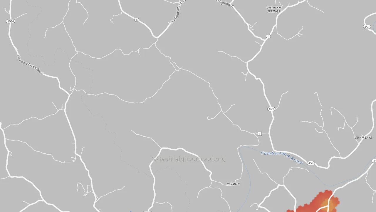 Walk Grade map of Swan Lake, KY, walkable areas in green and car-dependent areas in red