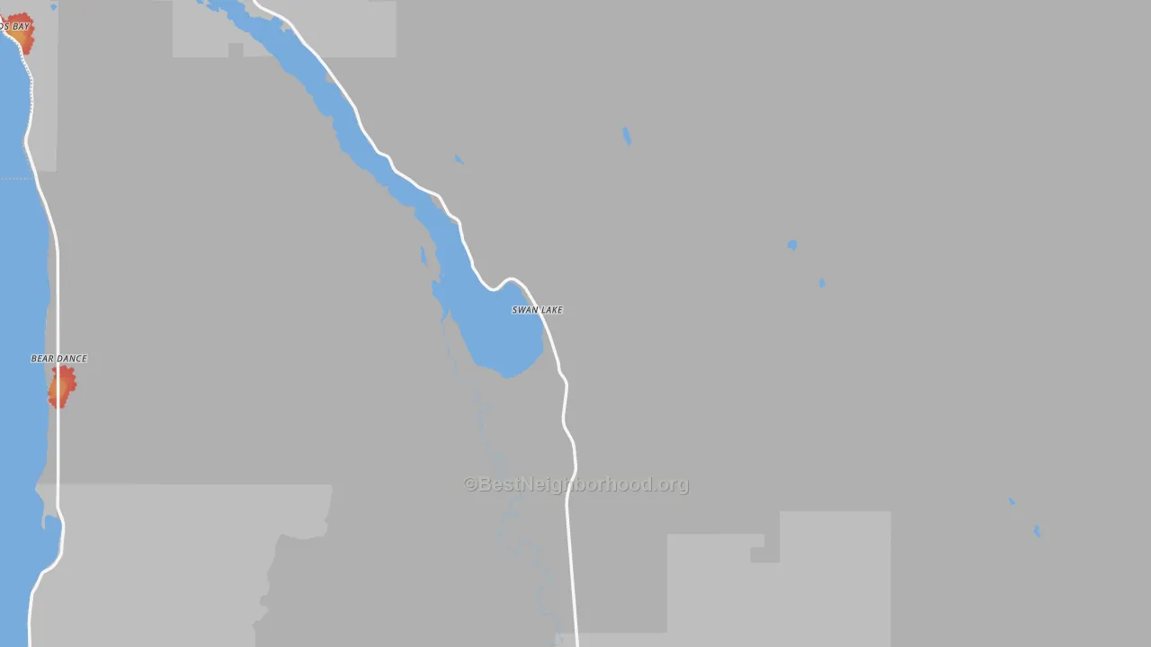 Walk Grade map of Swan Lake, MT, walkable areas in green and car-dependent areas in red