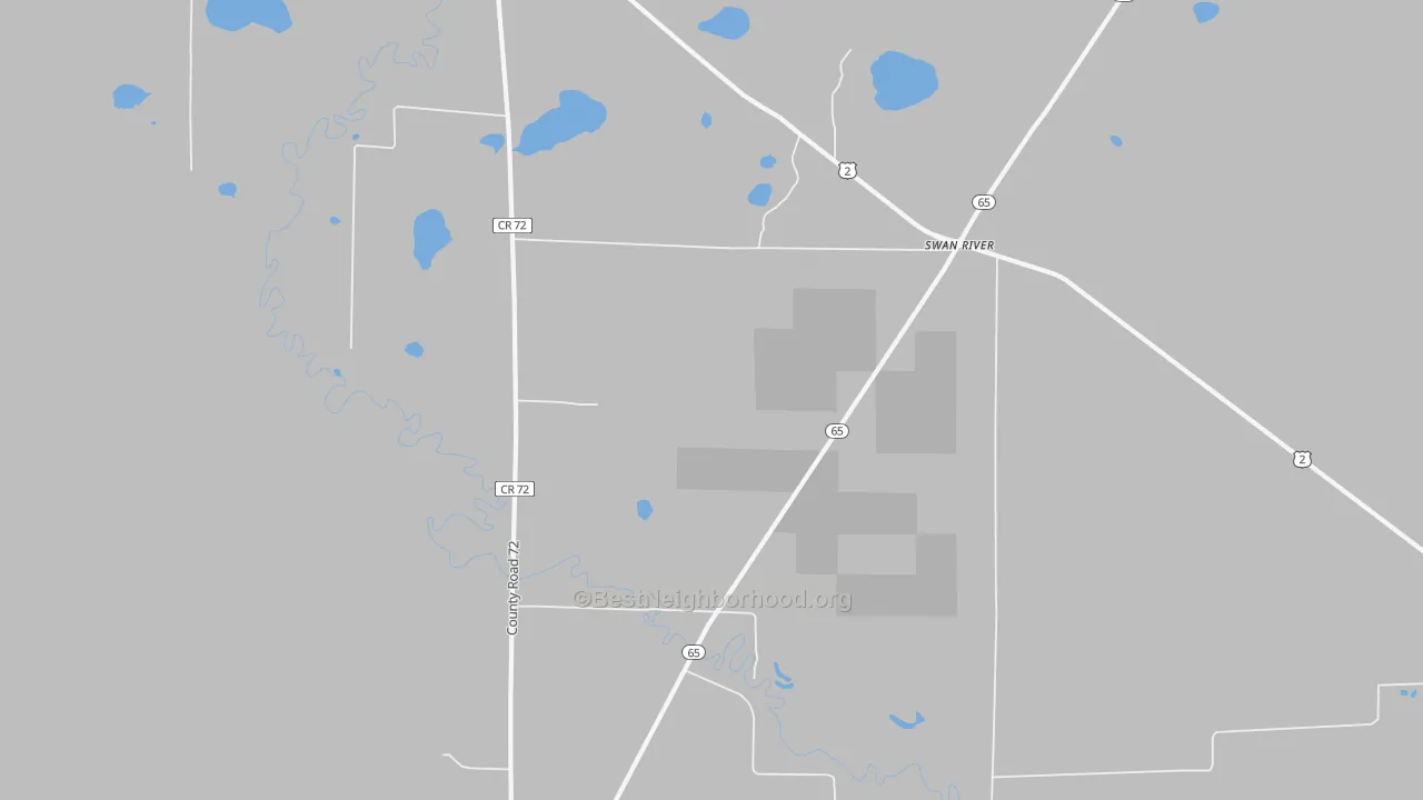 Walk Grade map of Swan River, MN, walkable areas in green and car-dependent areas in red