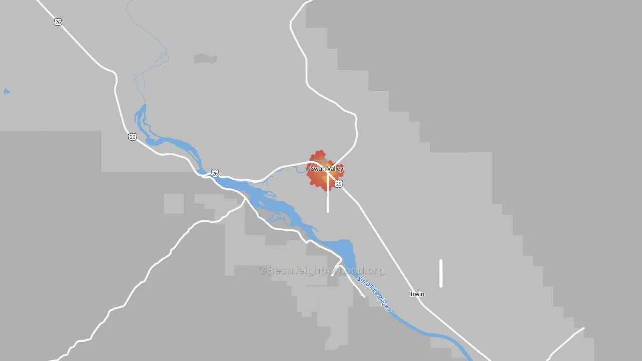 Walk Grade map of Swan Valley, ID, walkable areas in green and car-dependent areas in red