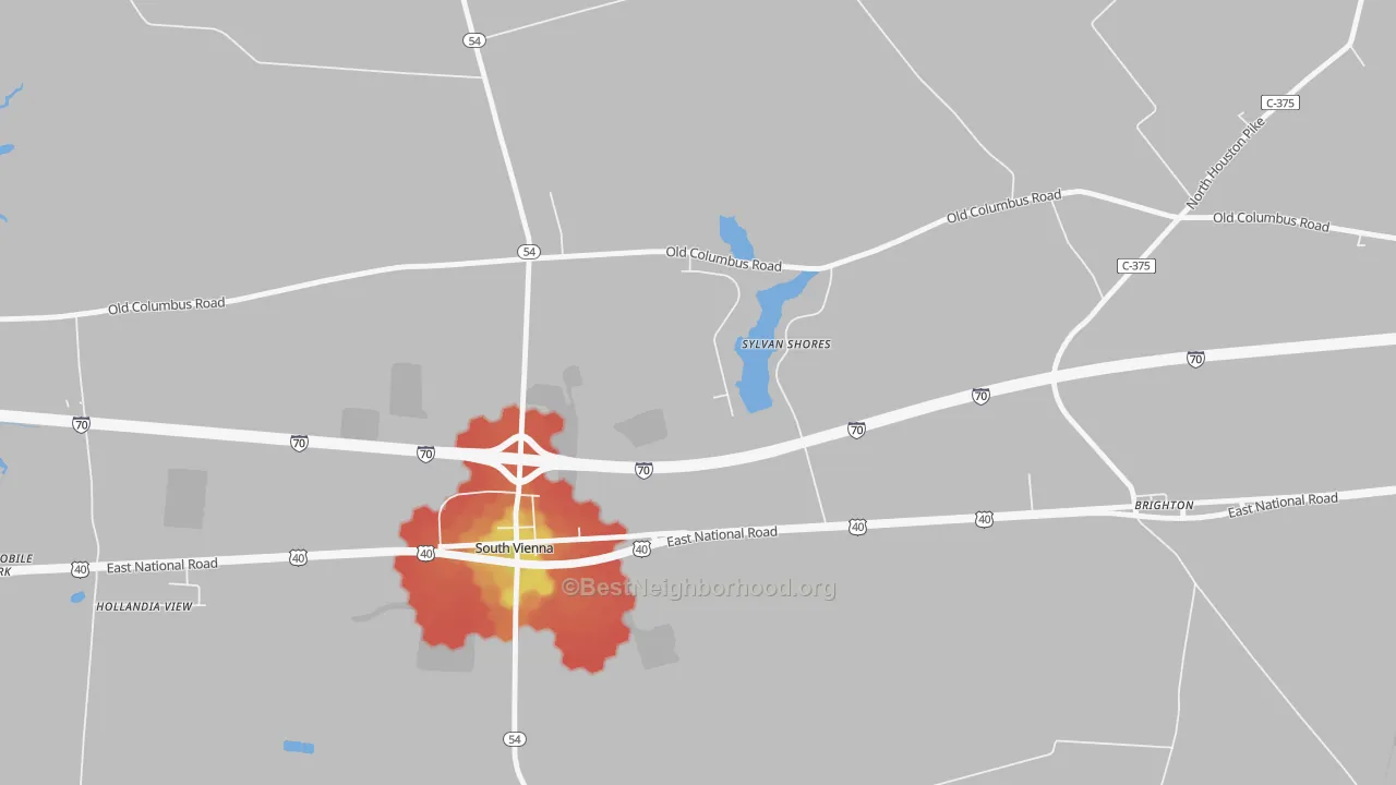Walk Grade map of Swanders, OH, walkable areas in green and car-dependent areas in red