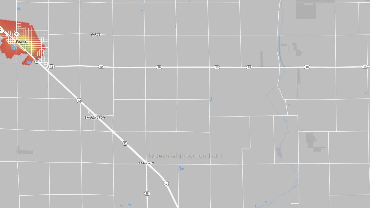 Walk Grade map of Swanington, IN, walkable areas in green and car-dependent areas in red