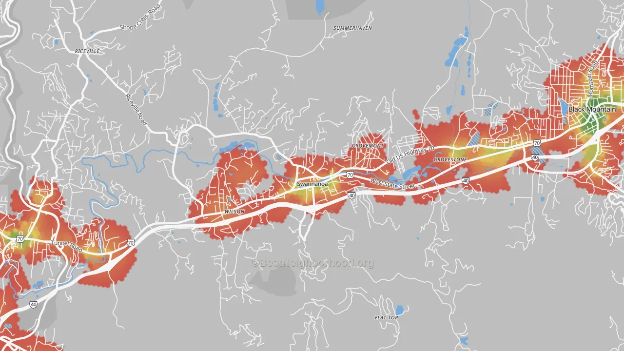 Walk Grade map of Swannanoa, NC, walkable areas in green and car-dependent areas in red
