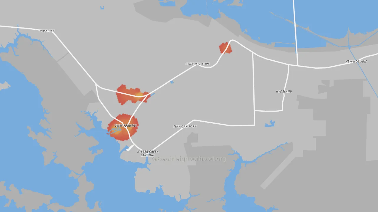 Walk Grade map of Swanquarter, NC, walkable areas in green and car-dependent areas in red