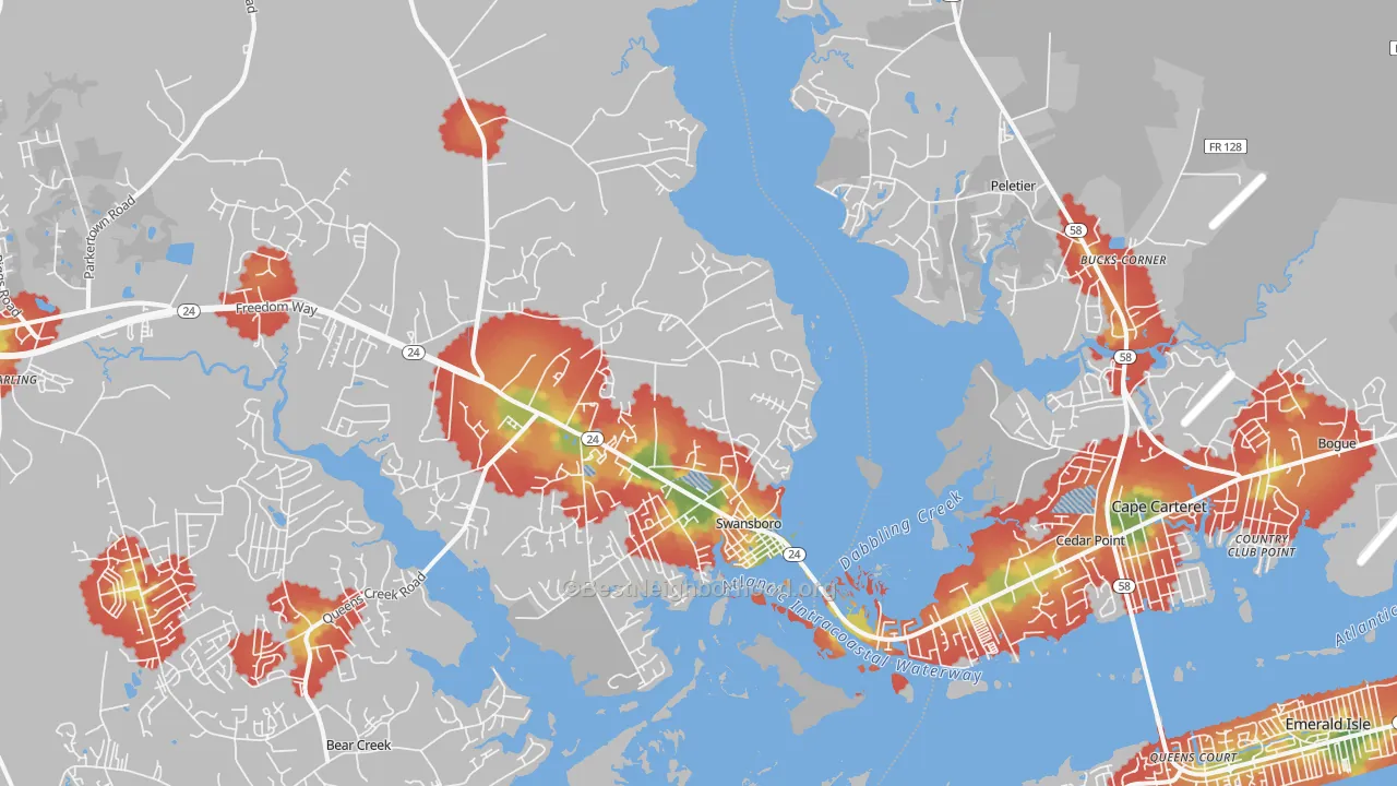 Walk Grade map of Swansboro, NC, walkable areas in green and car-dependent areas in red