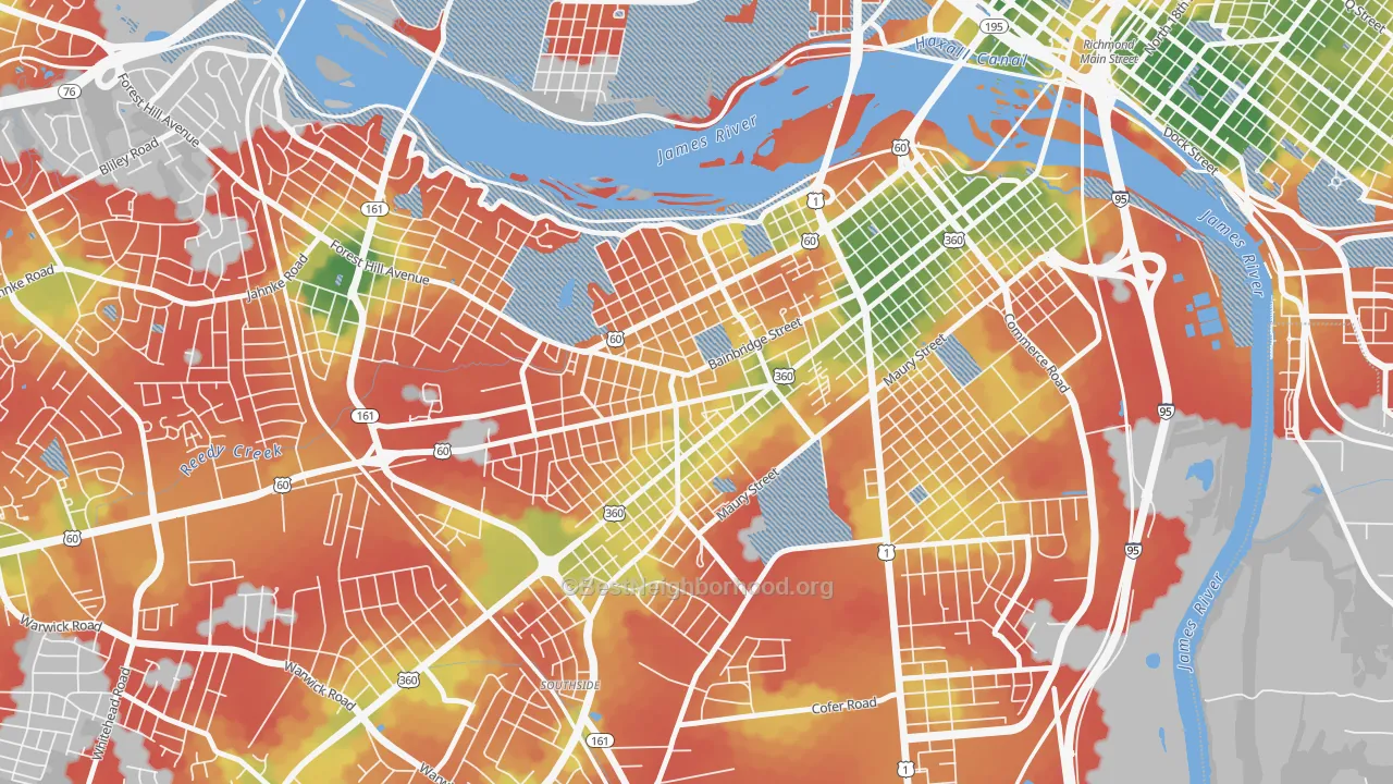Walk Grade map of Swansboro, Richmond, VA, walkable areas in green and car-dependent areas in red