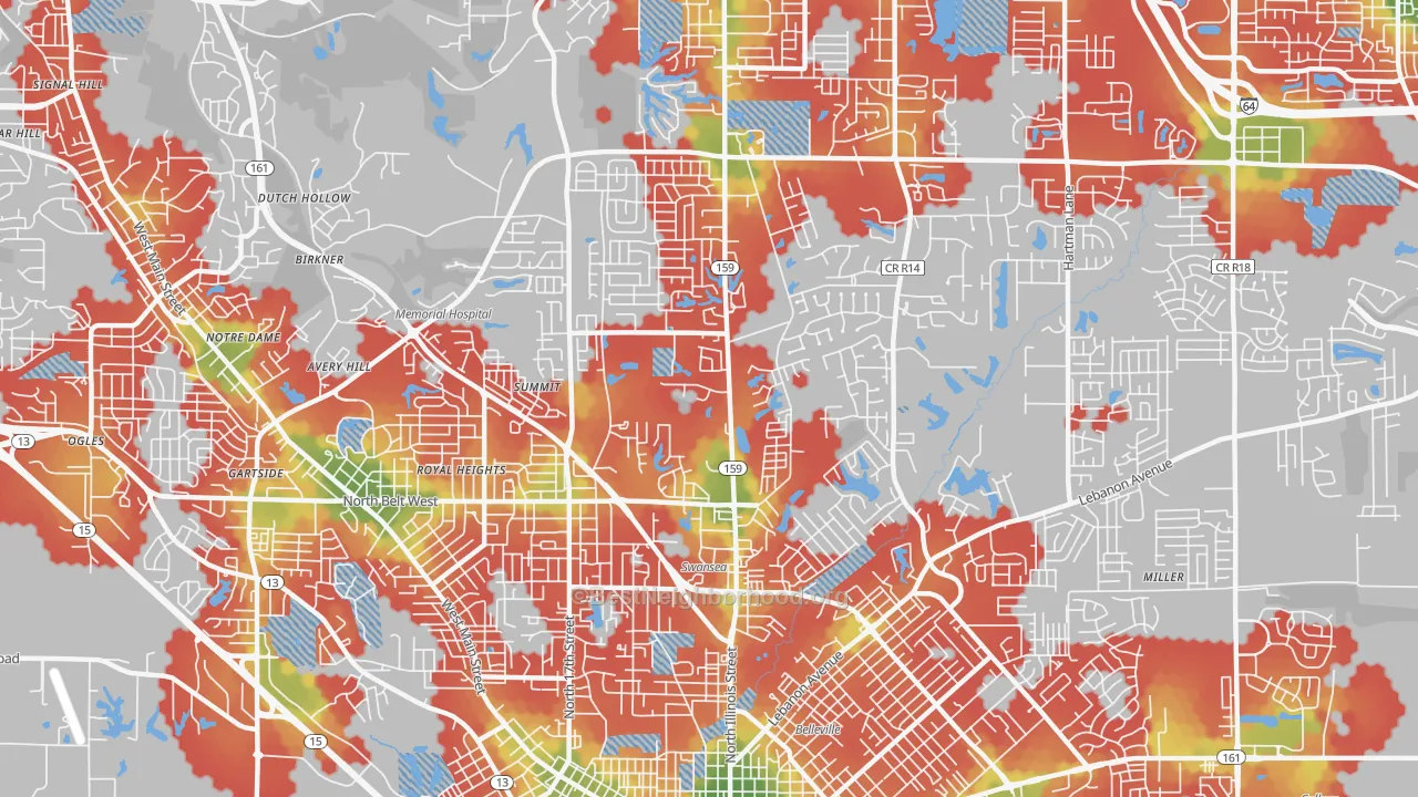 Walk Grade map of Swansea, IL, walkable areas in green and car-dependent areas in red