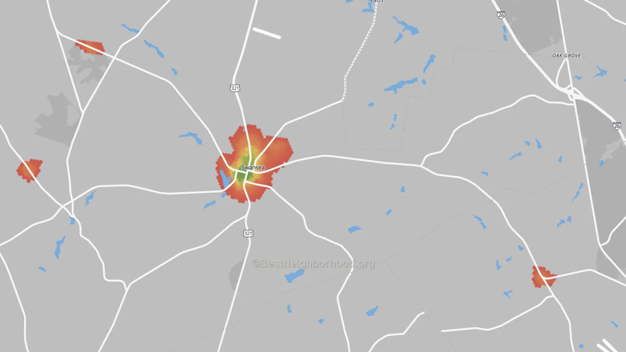 Walk Grade map of Swansea, SC, walkable areas in green and car-dependent areas in red
