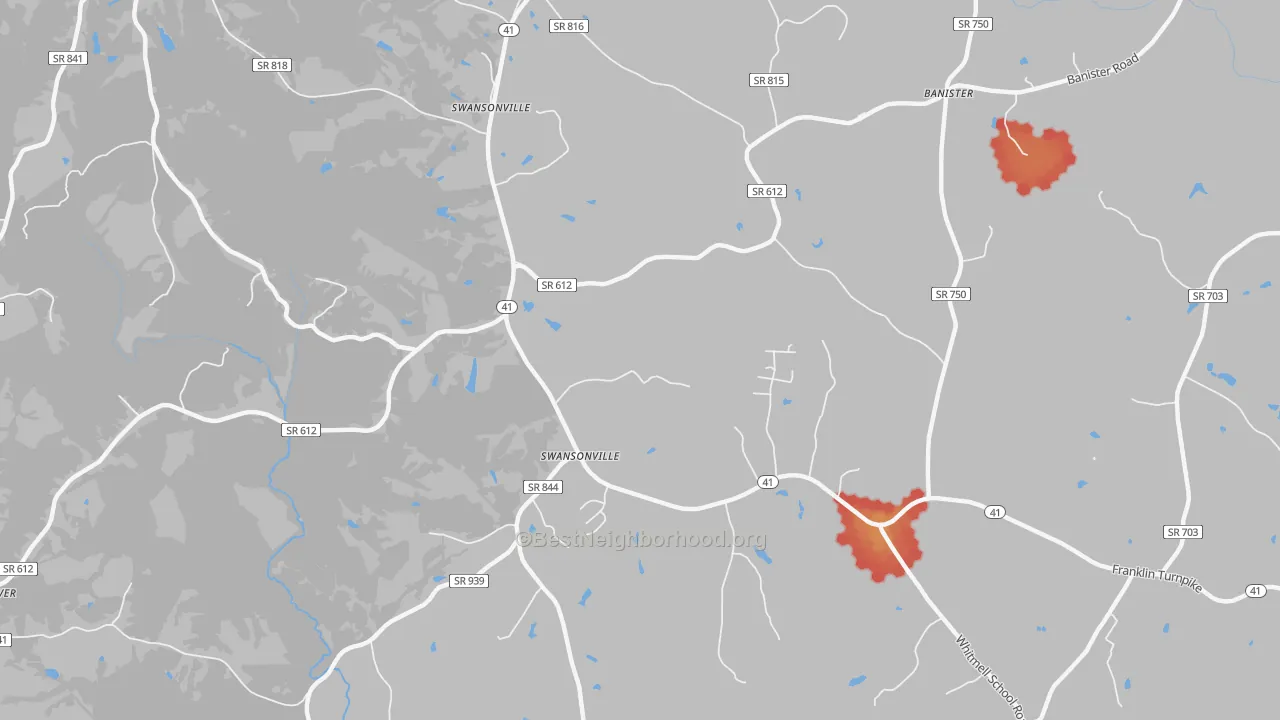 Walk Grade map of Swansonville, VA, walkable areas in green and car-dependent areas in red